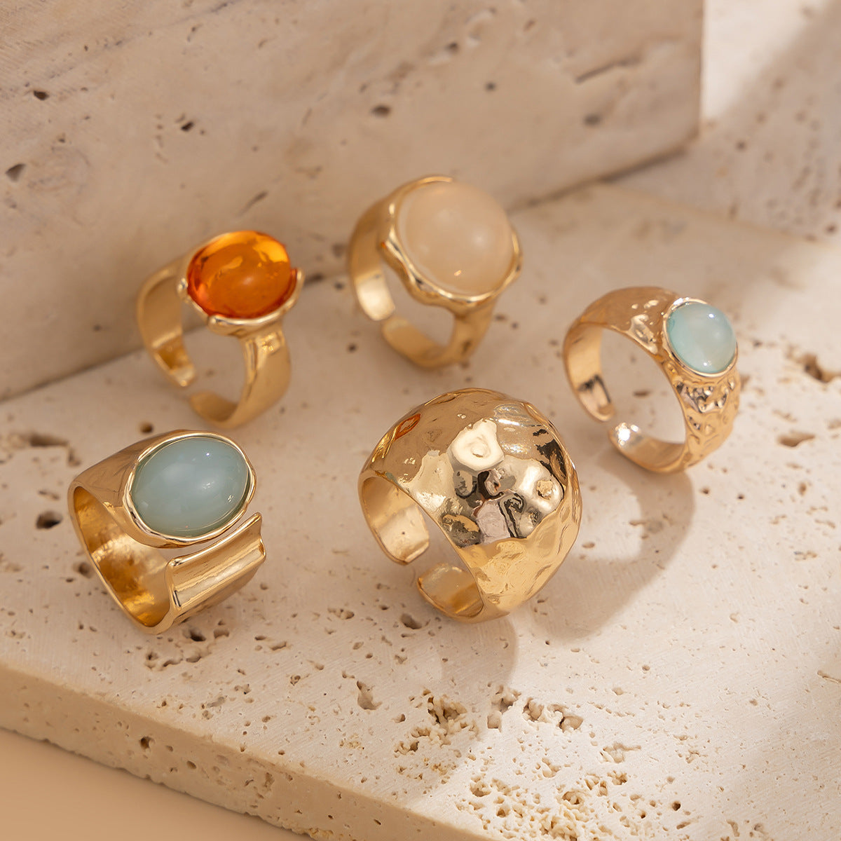 Wholesale Women' s retro mixed-match stacking gemstone open ring set